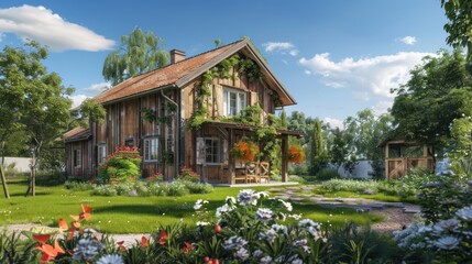 Wall Mural - Farmhouse Villa with Weathered Wood Siding and Garden 