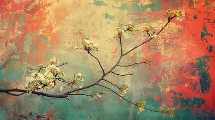 Sticker - Flowering branches on colorful textured backdrop