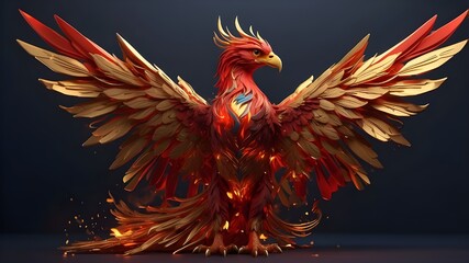 Animal 3D eagle Phoenix bird fire fantasy firebird abstract magic. Phoenix logo icon red art pheonix bird fire tale character illustration render hawk fairy wings design feather gold background