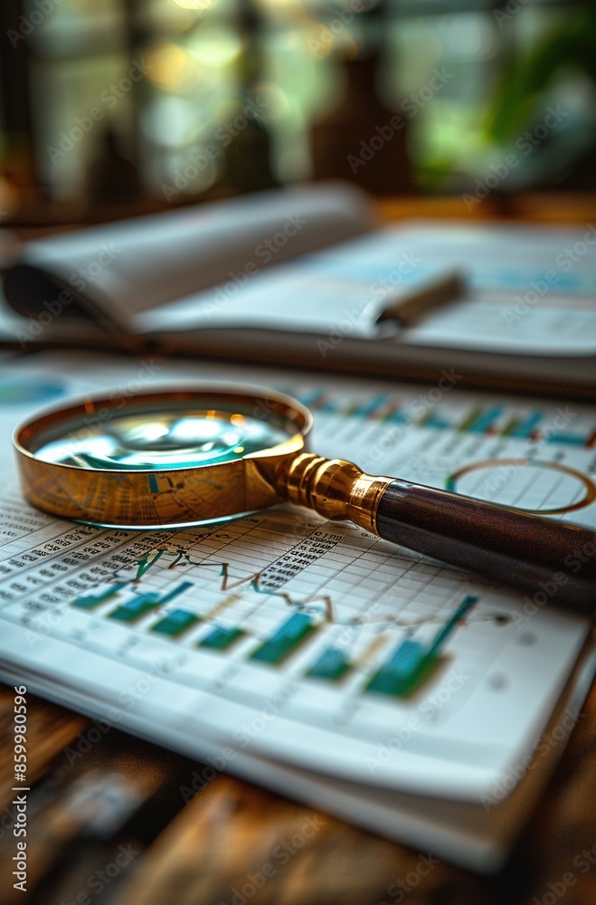Depicts a detailed financial analysis with a magnifying glass over ...