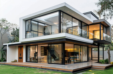 Wall Mural - A modern house with large windows and a wooden floor, overlooking the lawn in front of it. An open kitchen leads to the living room.