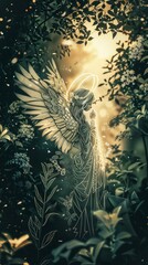 Wall Mural - Meticulous angel set in a lush garden, capturing the essence of Virgo. ,Dark Color light ,vectorline design , illustration , Mobile Wallpaper