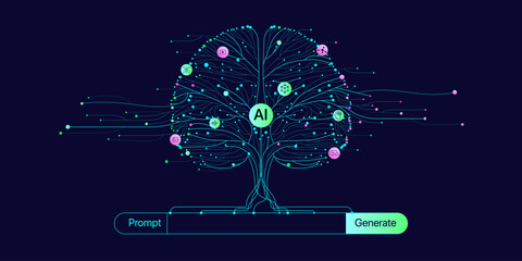 Fototapete - Illustration of abstract stream information with cyan line and dot. Big data, technology, AI, data transfer, data flow, large language model, generative ai