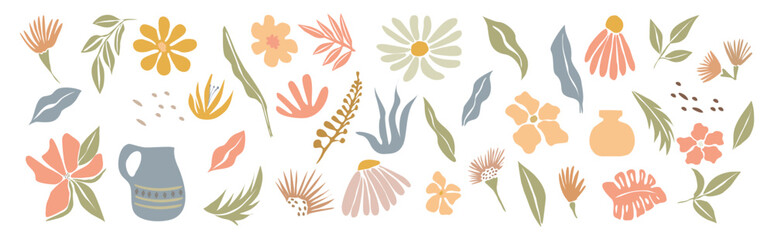 Sticker - Set of hand drawn floral design elements, abstract shapes. Wild and garden flowers, leaves. Contemporary modern vector botanical art illustrations in trendy peach fuzz colors on transparent background