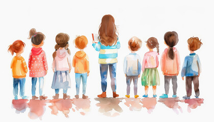 Wall Mural - A group of children are standing in a line, with one of them reading a book