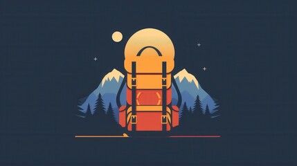 Aufkleber - A minimalist digital illustration of a backpack against a backdrop of mountains, trees, and a crescent moon in the night sky. Generative AI