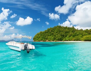 Wall Mural - Ocean Paradise: Boat in Turquoise Waters with Blue Sky and Island