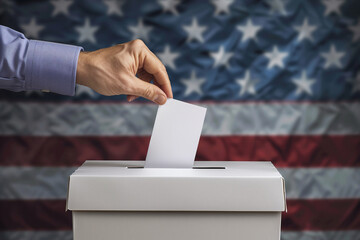 A person is voting in an election by putting a white piece of paper into a box. The box is on a wooden surface and is surrounded by an American flag