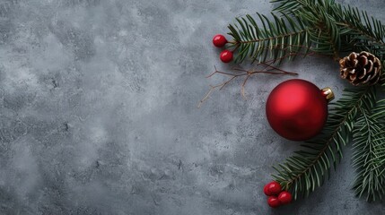 Sticker - Festive Red Ornament and Fir Twig on Gray Background