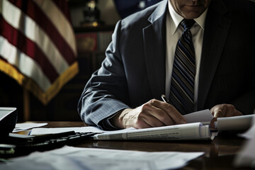 Poster - man in a suit is sitting at a desk with a piece of paper in front of him. He is reading or writing something on the paper. The room is dimly lit