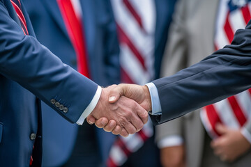 Poster - A handshake between two men in suits. Concept of professionalism and trust. The men are dressed in formal attire, which suggests that they are in a business setting or attending a formal event