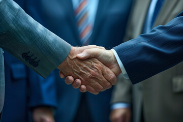 Poster - A handshake between two men in suits. Concept of professionalism and trust. The men are dressed in formal attire, which suggests that they are in a business setting or attending a formal event