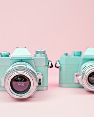 Aufkleber - Abstract High Definition Image of Teal Cameras with Pink-Teal Blurry Background, Symmetrical Vintage Photography Style Using Long Exposure