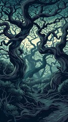 Wall Mural - A brooding landscape with twisted, gnarled trees. ,Dark Color light ,vectorline design , illustration , Mobile Wallpaper