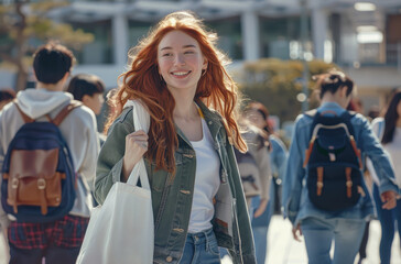 Wall Mural - A young woman with long red hair, wearing jeans and an open jacket over the top is walking on a school campus carrying her white tote bag in one hand while smiling at the camera