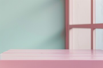 Aufkleber - Modern Minimalist Studio with Pastel Pink Table and Soft Natural Lighting, Ideal for Product Display Montage