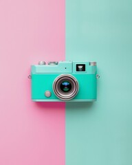 Aufkleber - Abstract Artistic Expression Through Blurry Vintage Camera on Pink and Teal Symmetrical Background