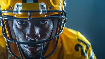 Close-up image of a football player in a yellow jersey