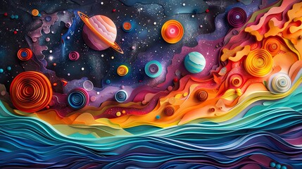 Paper quilling art depicting a colorful galaxy with planets and nebulae