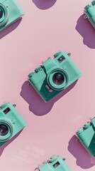 Aufkleber - Teal Vintage Cameras Arranged in Pattern on Pastel Pink Background, Emphasizing Minimalist Design and Color Contrast