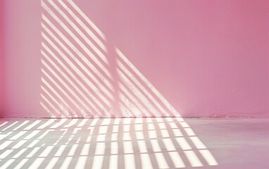 Poster - Serene Pastel Pink Room Illuminated by Gentle Sunlight Through Blinds, Emphasizing Minimalism and Tranquility