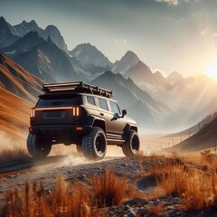 A powerful 4x4 vehicle tackles a dirt path through a rugged desert landscape