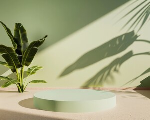 Poster - Elegant Modern Indoor Scene with Green Podium and Red Flowers in Softly Lit Cozy Room