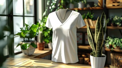 Wall Mural - Mockup of a v-neck tee, perfect for emphasizing necklaces or layered styles.