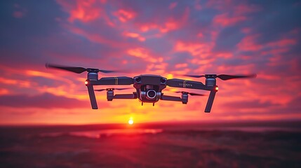 Wall Mural - A drone hovering in the sky at sunset, propellers spinning, the sky painted in warm hues of orange and pink.