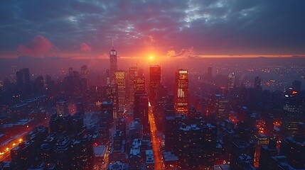 Wall Mural - A drone view of a city at dusk, with skyscrapers, illuminated streets, and the last light of the sun creating a warm glow.