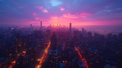 Wall Mural - A drone view of a city at dusk, with skyscrapers, illuminated streets, and the last light of the sun creating a warm glow.