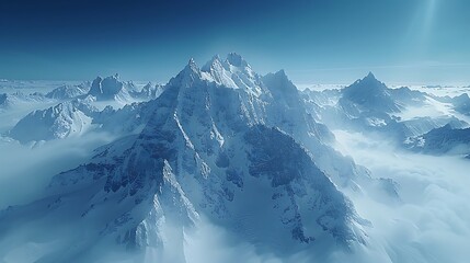 Wall Mural - A drone view of a dramatic mountain range, highlighting steep cliffs and snow-covered summits.
