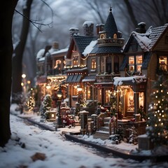 Wall Mural - Christmas and New Year holidays background. Decorated houses in the snow.