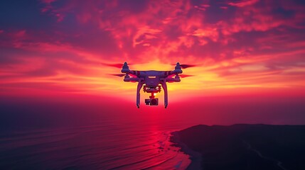 Wall Mural - Aerial perspective of a drone against a colorful sunset sky, with the sun dipping below the horizon.