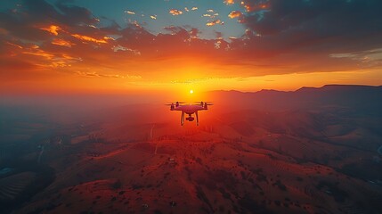 An aerial drone shot at sunset, capturing the vibrant colors of the sky and the silhouette of the drone.
