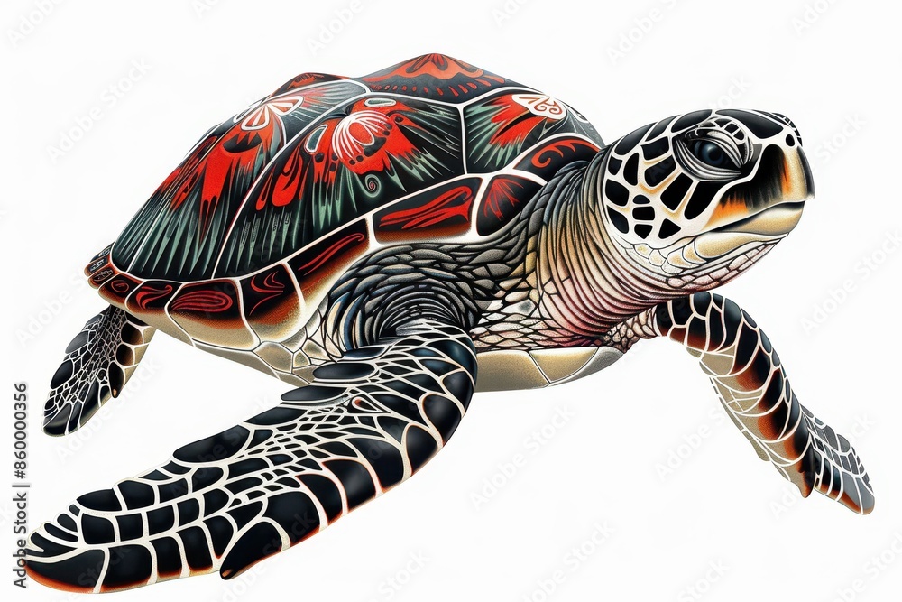 Turtle illustration with a tribal Maori design, white background ...