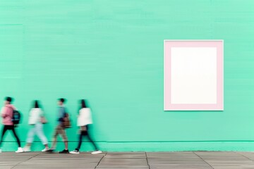 Poster - Dynamic Outdoor Scene with Pastel Green Wall and Motion-Blurred People Passing by an Empty Frame