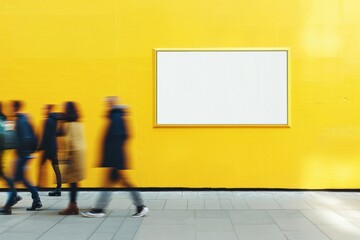 Vibrant Yellow Wall with Blank Frame Amidst Passersby in Motion in a Modern Indoor Setting