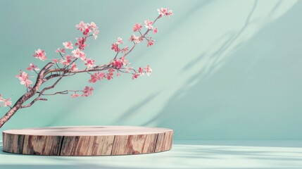 Poster - Serene Teal Background with Wood Podium and Delicate Pink Leaves, Ideal for Product Showcase, Natural Diffused Lighting