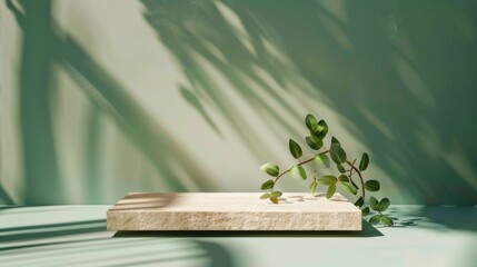 Poster - Minimalist Green-Themed Mockup with Textured Wooden Podium and Delicate Leaves under Soft Natural Light