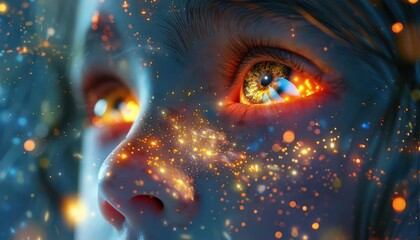 a child's face illuminated with vibrant lights, showcasing glowing eyes and mystical stardust for a 