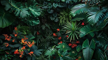 Jungle Photograph the dense, vibrant foliage of a jungle with diverse plant life and exotic flowers.