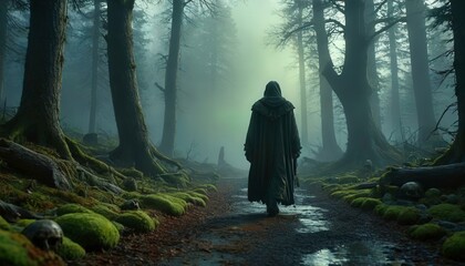 Poster - Mysterious Figure Walking Through Foggy Forest.