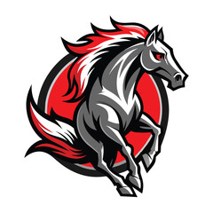 Wall Mural - A powerful, gray horse with a red mane and tail leaps forward on a white background. The horse is surrounded by a red circle with a black outline