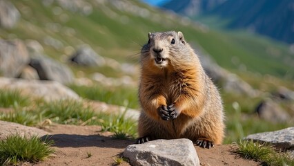 Wall Mural - Cute alpine marmot, groundhog standing on its paws. screams and whistling after ibernation on springtime.