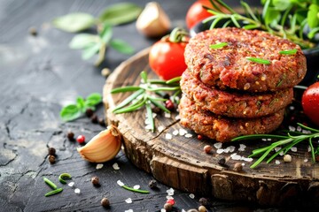 A close-up shot of three cooked burger patties with rosemary sprigs and seasonings on a wooden cutting board