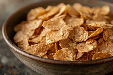 produce a digital artwork of a close-up view of a bowl of bran flakes, highlighting the textures and