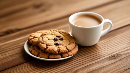 Poster -  Cozy moment  Warm beverage and cookies on a rustic table