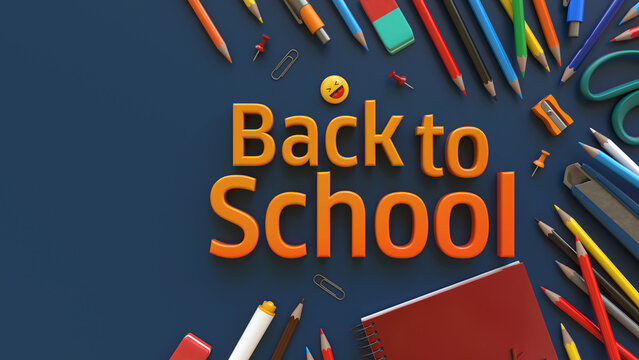 Back to school 3d lettering surrounded by pencils and lots of school supplies on blue background, with lateral copy space.