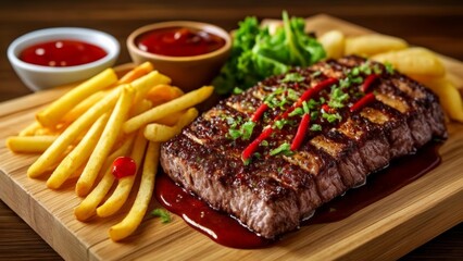 Wall Mural -  Deliciously grilled steak with fries and sauce ready to be savored